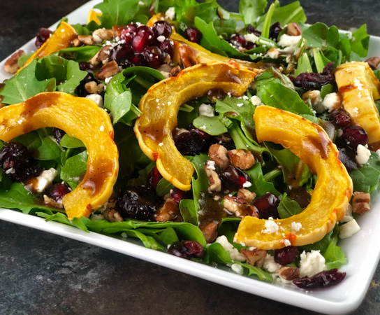 Roasted Delicata Squash, Pomegranate, and Arugula Salad